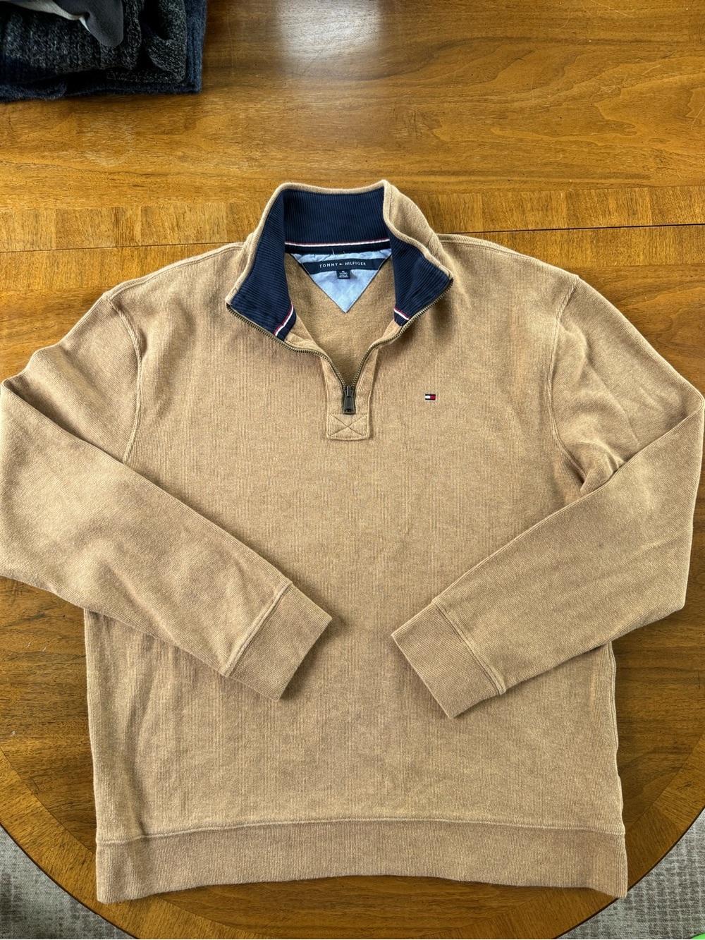 Tommy Hilfiger Men's Tan Half-Zip Sweater with Navy Trim